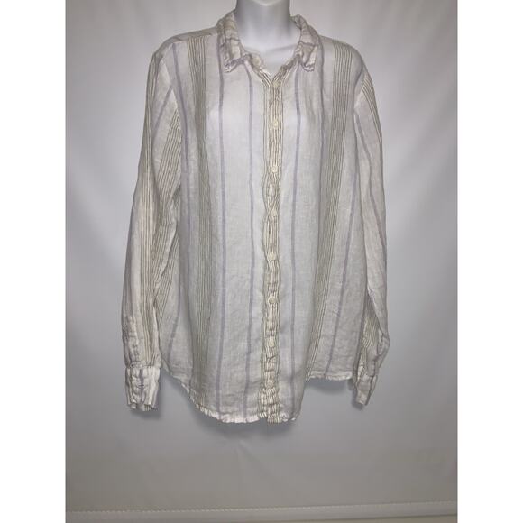 CP Shades Striped Linen Long Sleeve Button Up Shirt Womens Large White Coastal - Picture 1 of 9